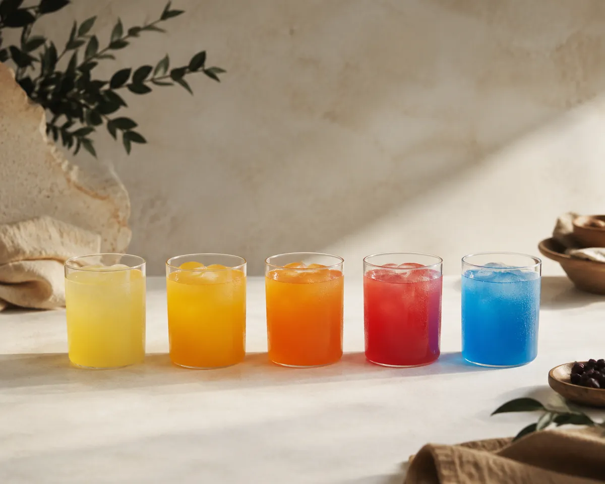 Five glasses of brightly coloured sports drink in a row, from pale yellow to vivid blue