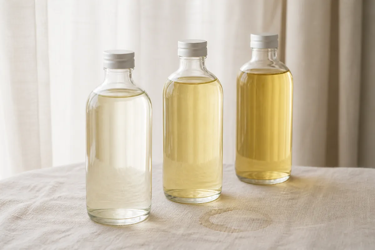 Three clear bottles of pale sports drink side by side backlit, showing slightly different colour depths