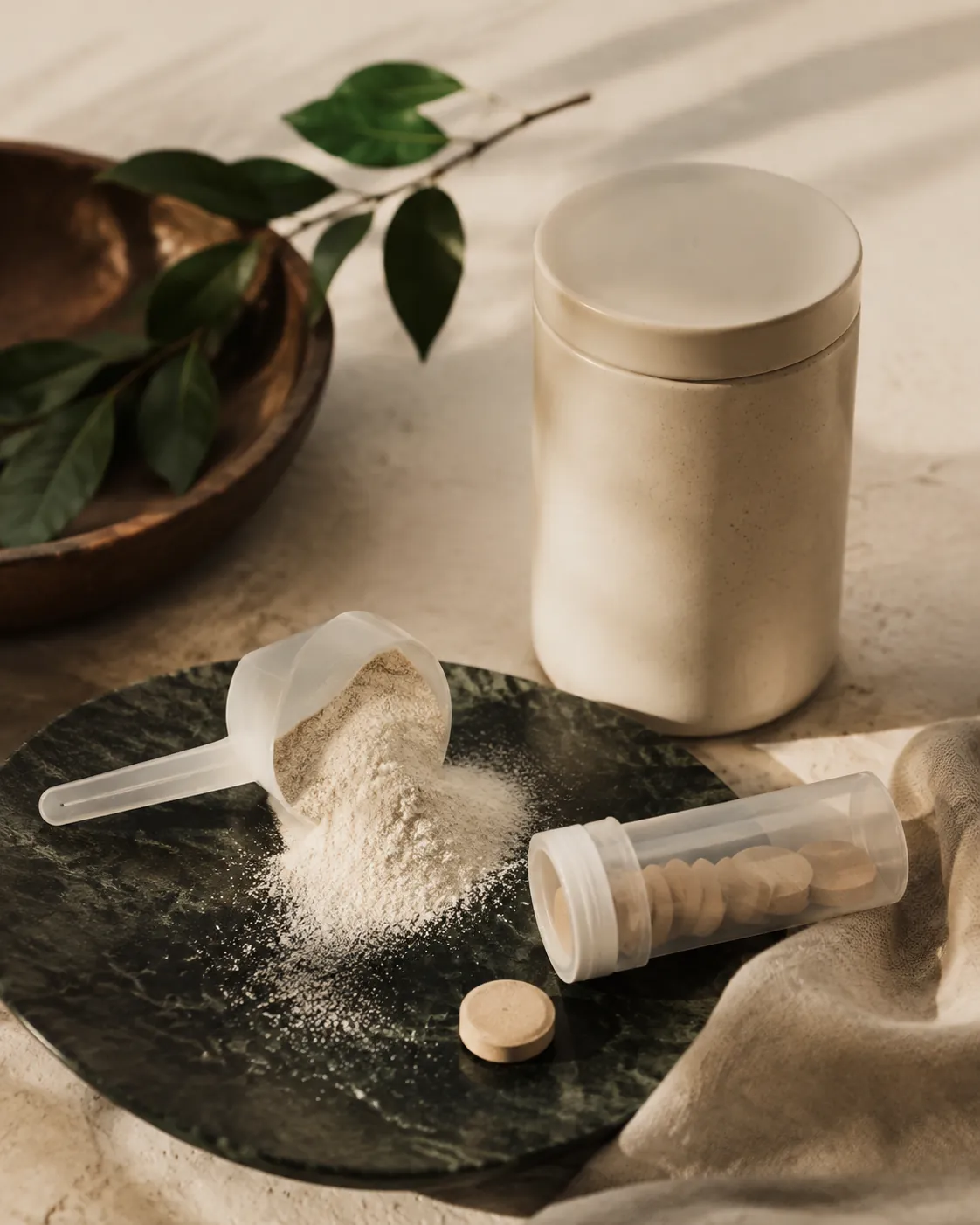 A scoop of pale powder beside a strip of tablets and a sealed plain bottle