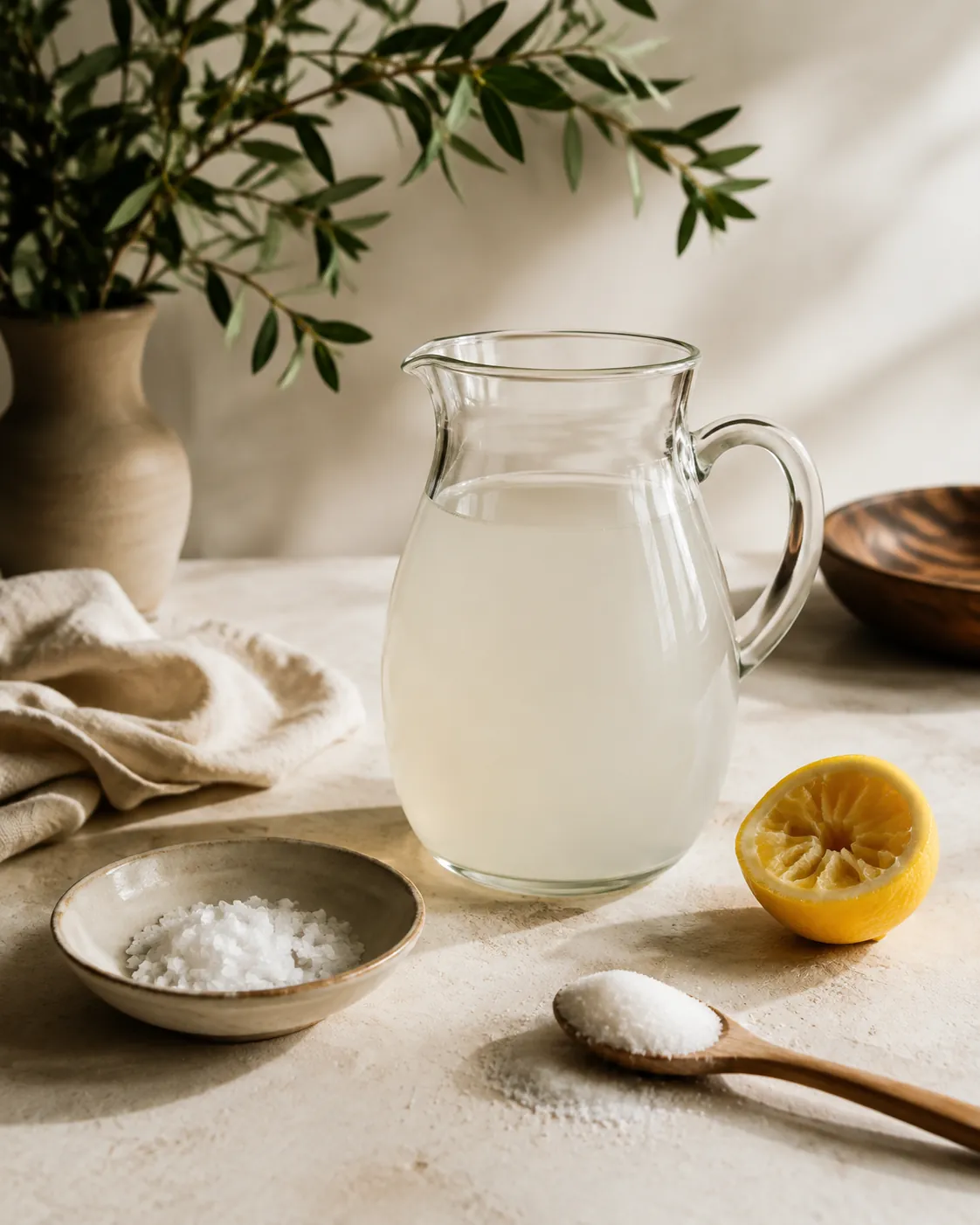 A jug of pale homemade sports drink beside a dish of salt, a lemon half and a spoon of sugar