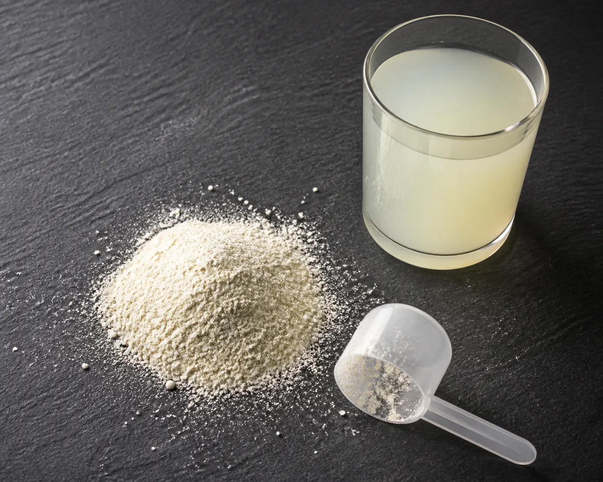 A heap of pale drink powder on dark slate beside a measuring scoop and a glass of the mixed liquid