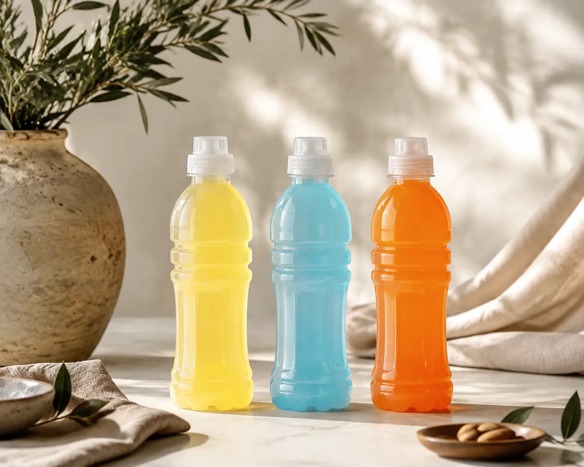 Three plain bottles of coloured sports drink in a row, pale yellow, blue and orange