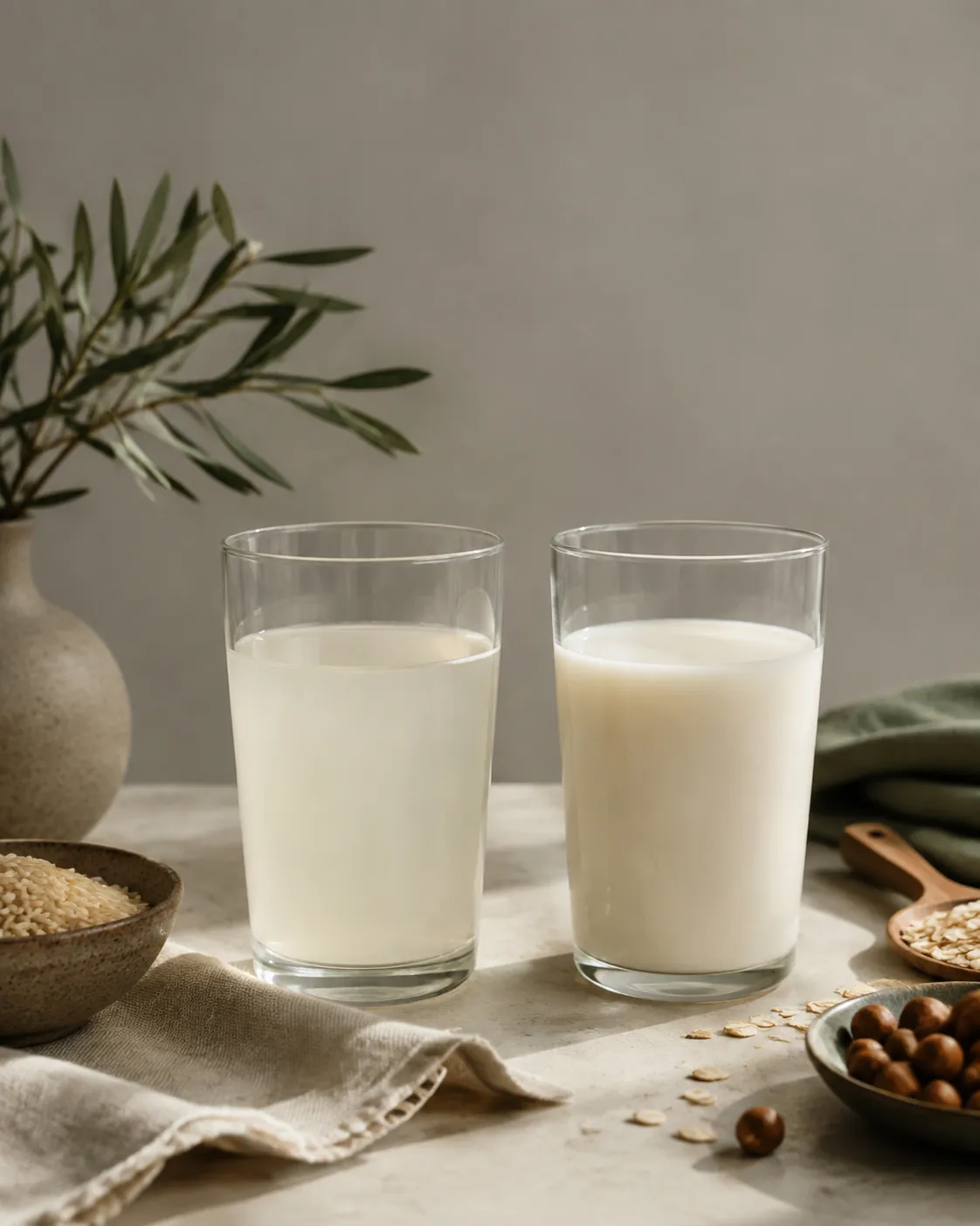 Two glasses of pale plant drink side by side, the left thin and slightly translucent and the right thicker and more opaque