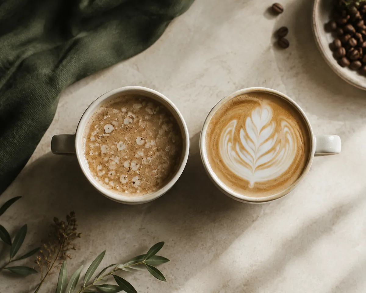 Two cups of latte side by side, the left curdled into pale flecks on the surface and the right smooth with a poured rosetta