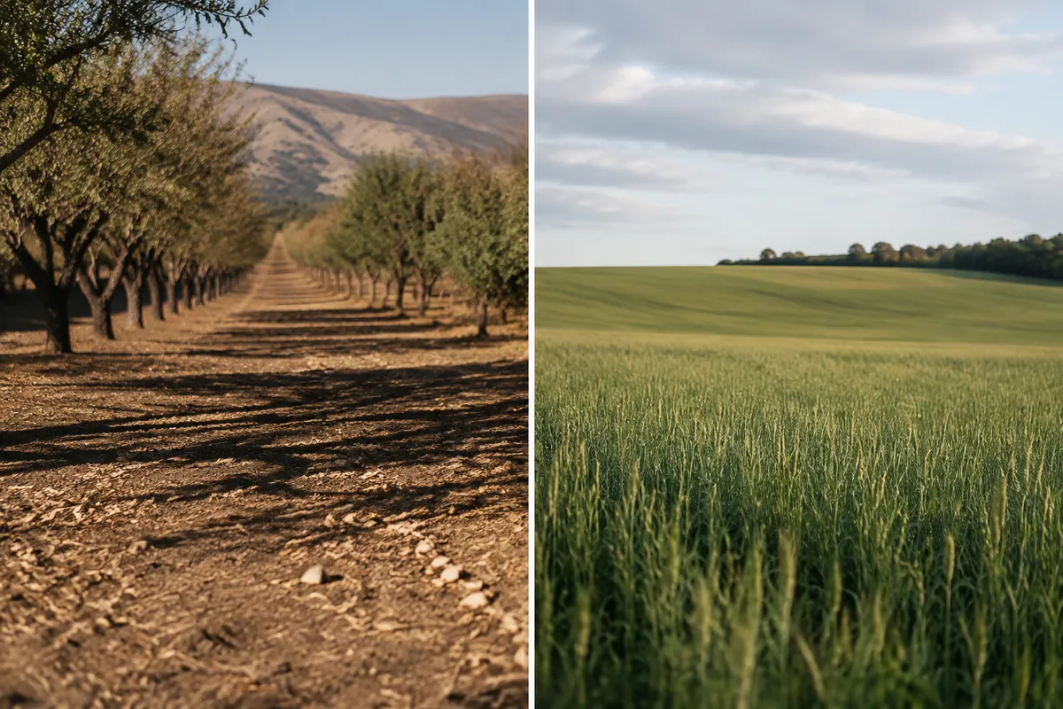 An almond orchard in dry light on the left and a green oat field on the right, shown as two panels