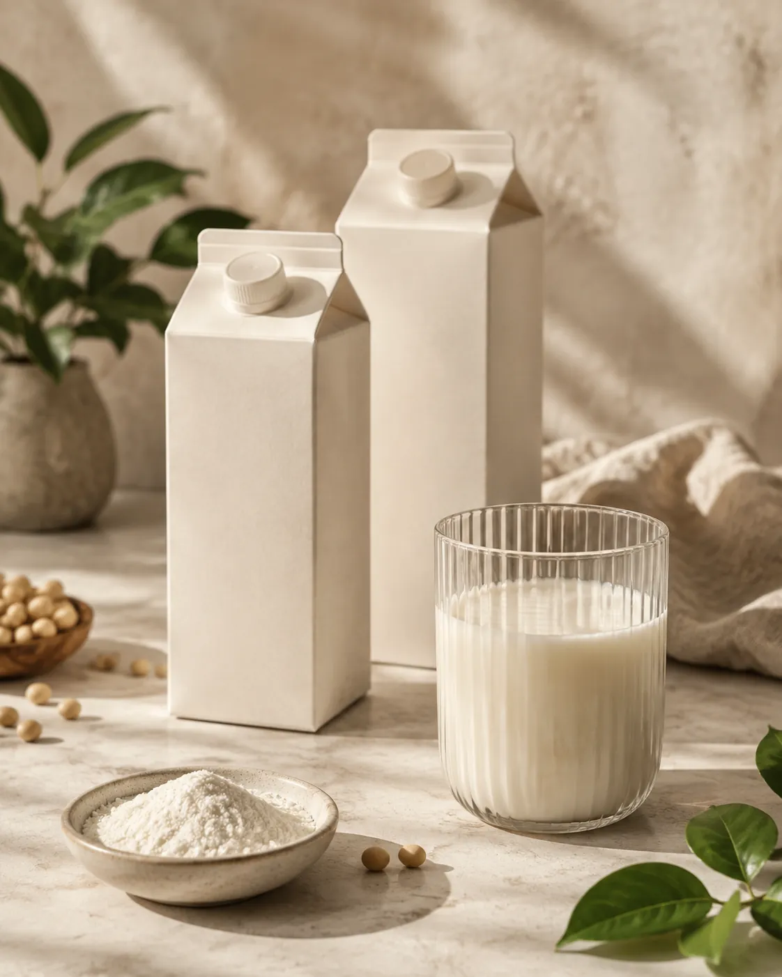 Two plain cartons behind a poured glass with a small dish of fine white mineral powder in front