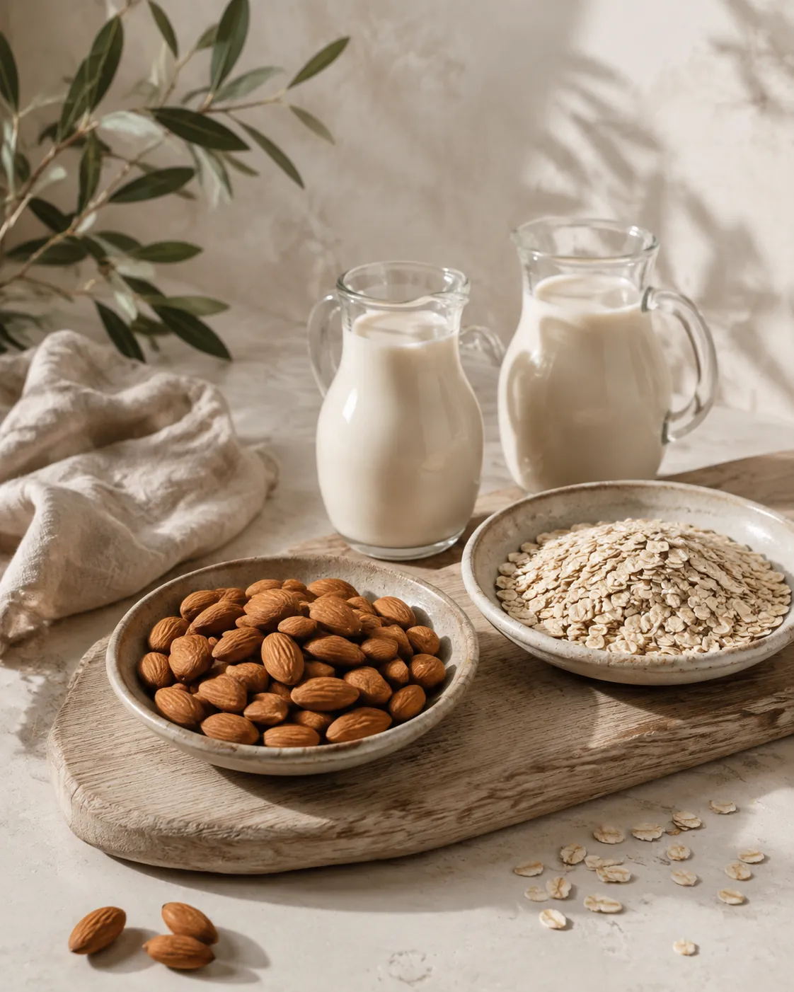 A dish of whole almonds beside a dish of rolled oats, with two small jugs of the finished pale drinks behind them