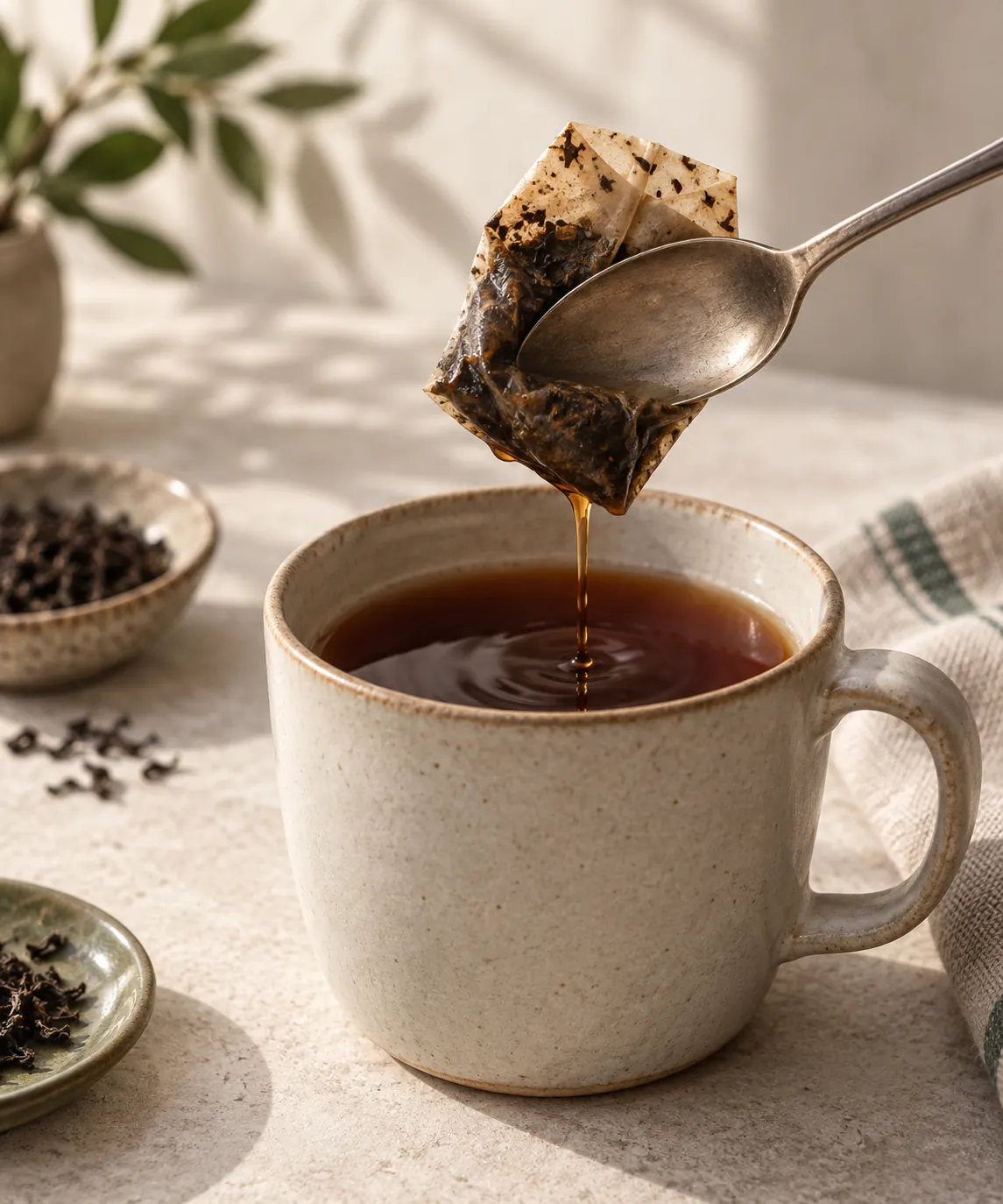 A used black tea bag pressed against the side of a spoon, dark tannic liquid visibly running out of it