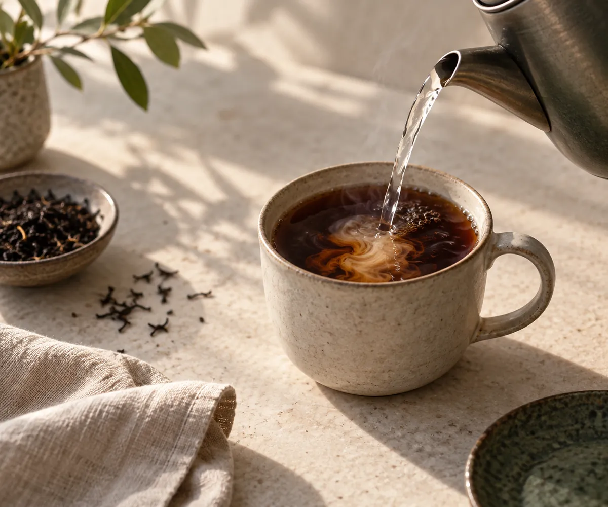 Hot water being poured from a kettle into a mug of dark over-steeped black tea, the colour visibly lightening where the water meets it
