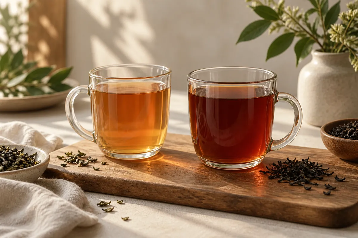 Two mugs of black tea side by side, one pale and thin, one a fuller red-brown