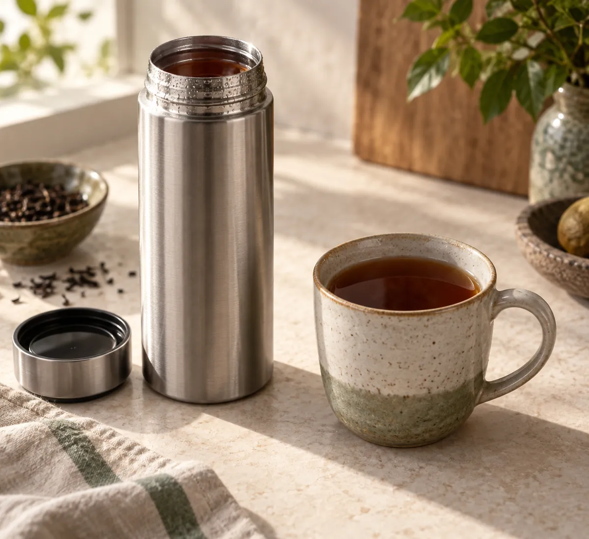 A steel travel flask standing open with tea inside, condensation on the rim, beside a ceramic mug holding the same tea