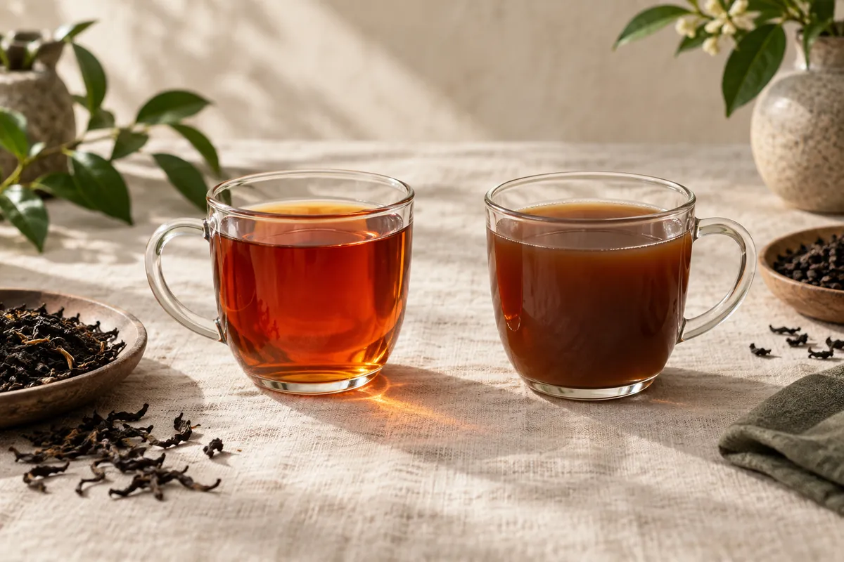 Two cups of brewed black tea side by side, one a bright clear orange-red, one a dull flat brown