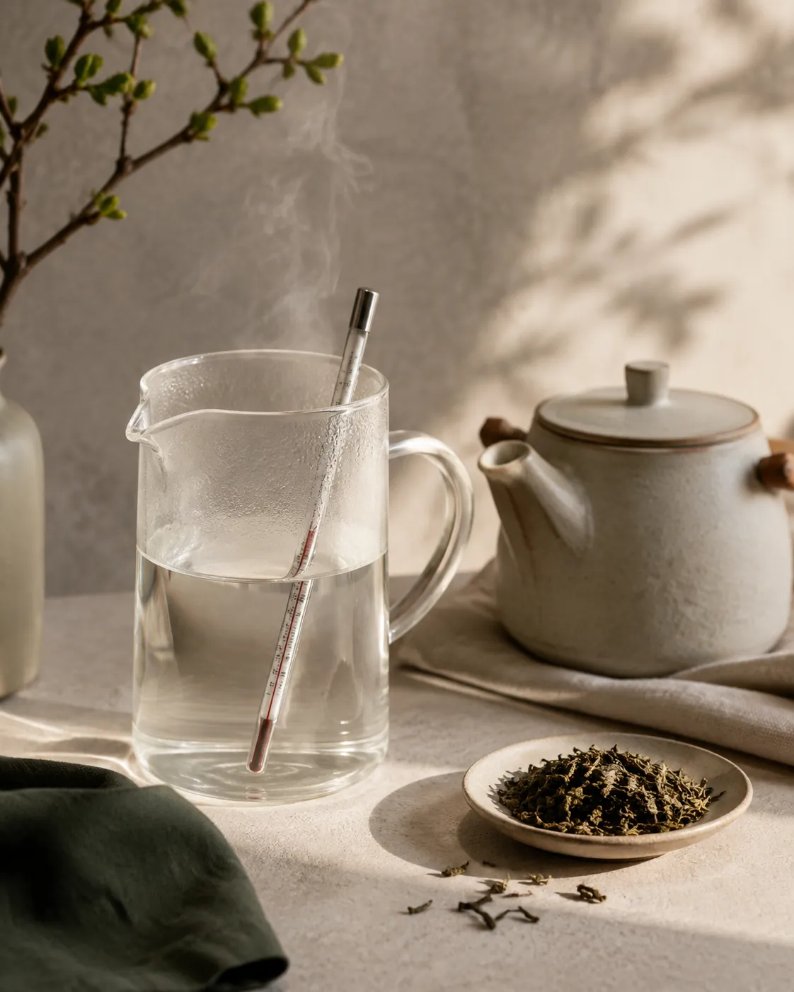A thermometer resting in an open glass jug of steaming water beside a covered teapot and a small dish of loose leaf