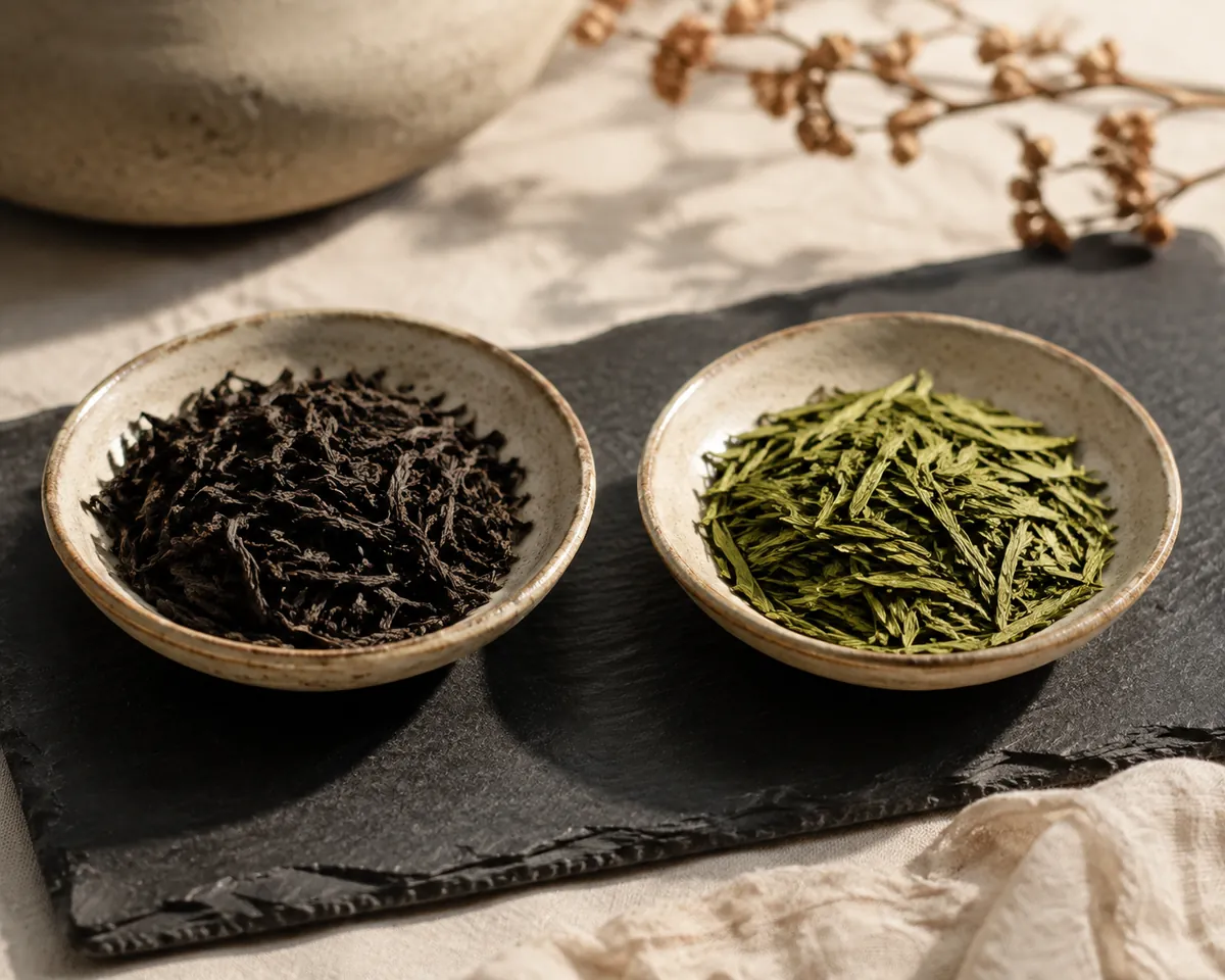 Two dishes of dry tea leaf side by side, the left dark twisted black tea and the right flat bright green needles