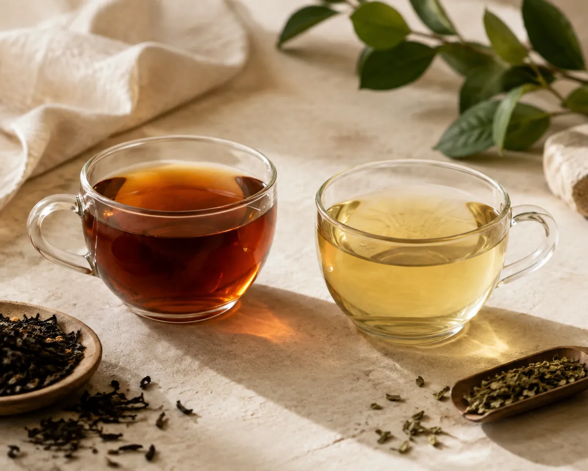 Two glass cups of brewed tea side by side, the left deep coppery red and the right pale yellow-green