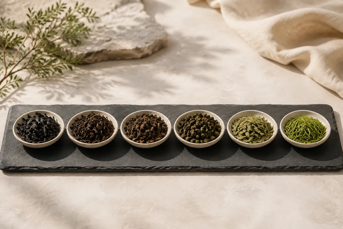 Six small dishes of tea leaf in a row spanning dark twisted black leaf through to flat green needles