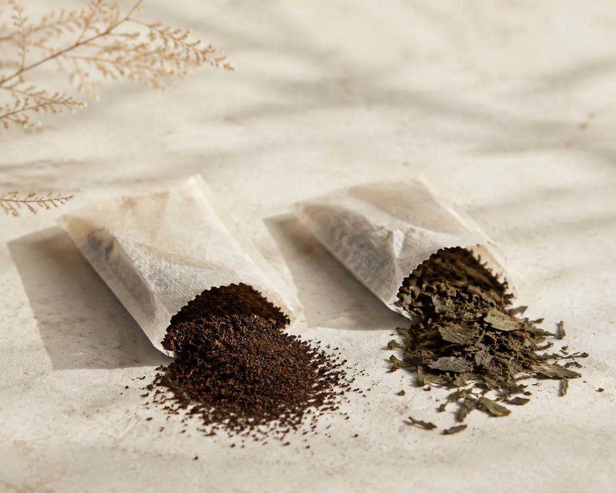Two teabags cut open, the left showing fine dark dust and the right coarser green fragments