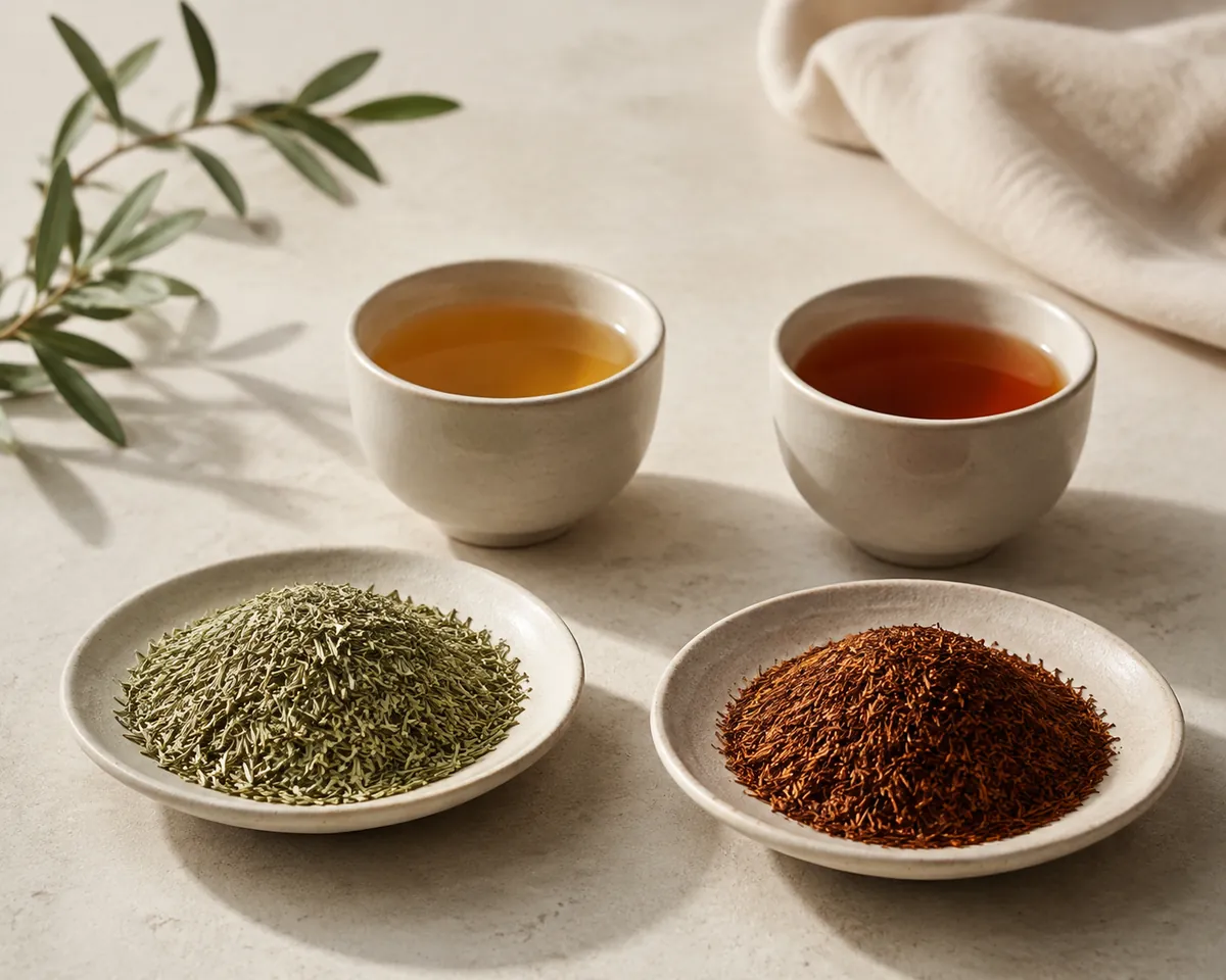 Two dishes of rooibos, the left pale sage green and the right deep copper, with their brewed cups behind