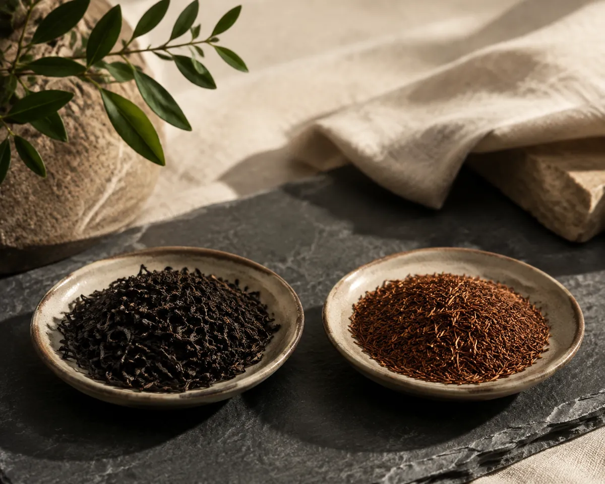 Two dishes of dry material side by side, the left dark twisted black tea leaf and the right fine reddish-brown rooibos needles