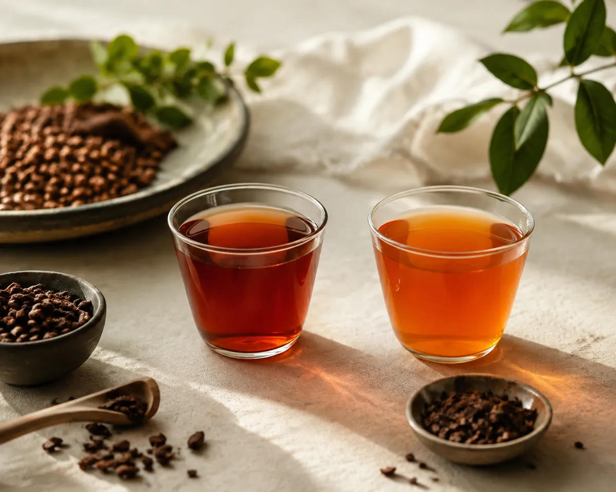 Two cups of brewed drink side by side, the left deep coppery brown and the right a lighter orange-red