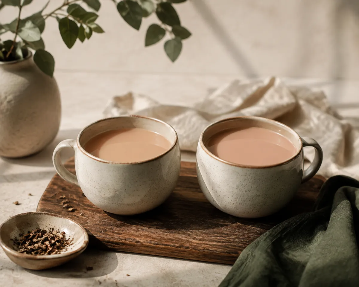 Two mugs of milky tea side by side on a wooden table, the left a warm tan and the right a slightly pinker shade