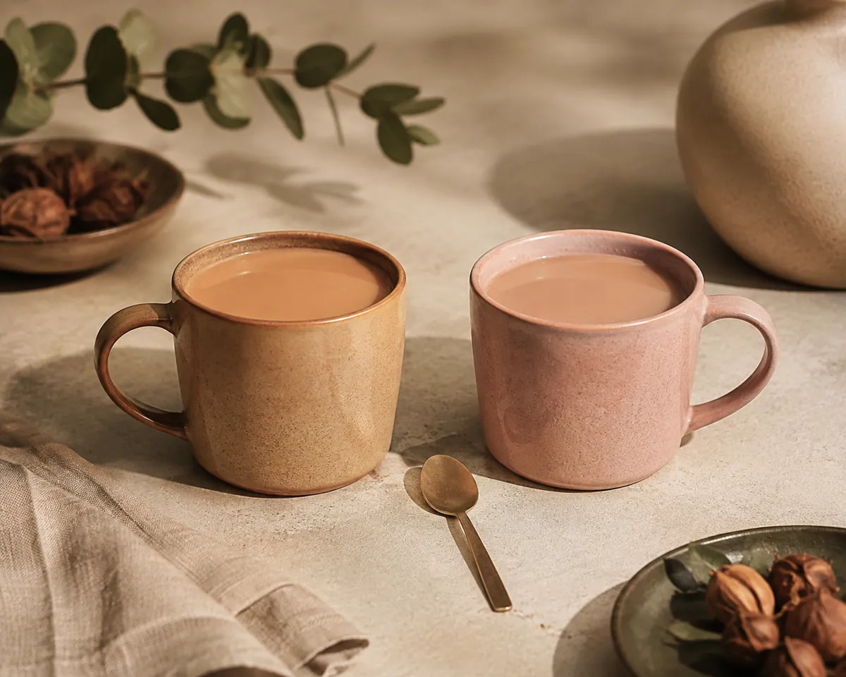 Two mugs of milky drink side by side, the left a warm tan and the right a pinker shade, with a spoon between them