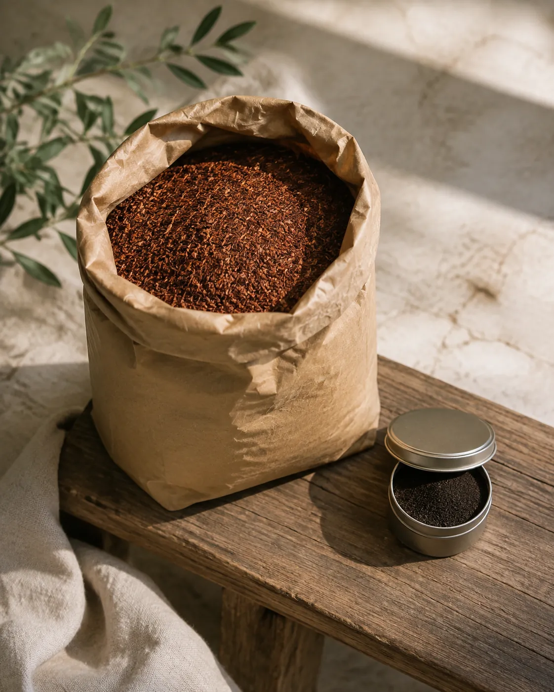 A large open bag of rooibos beside a small tin of fine tea leaf, the scale difference obvious