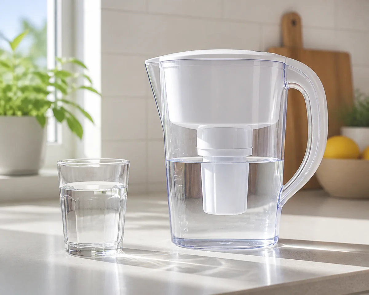 A water filter jug on a counter beside a glass of clear water, daylight passing through both