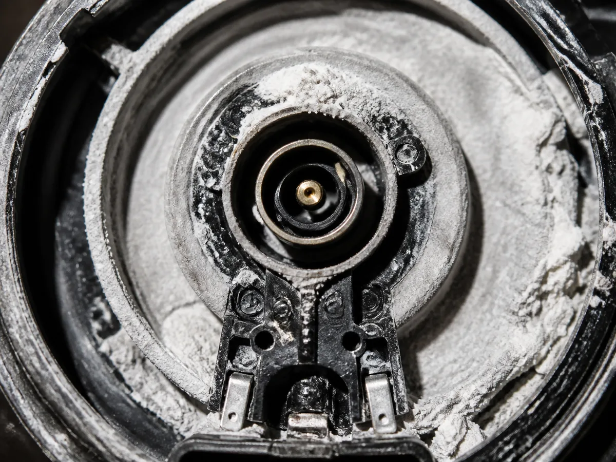 Hard white limescale crusted inside the element of an opened kettle