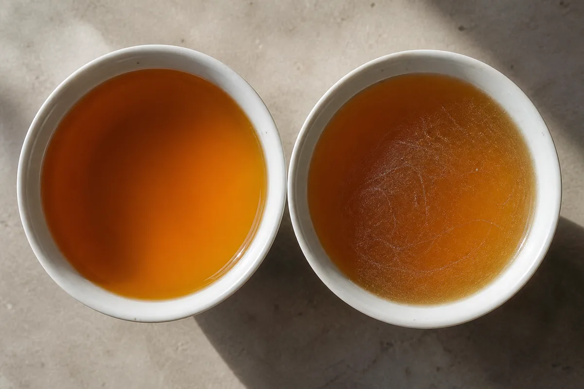 Two cups of the same tea brewed with different water, one bright and clear and one dull with a faint film on the surface