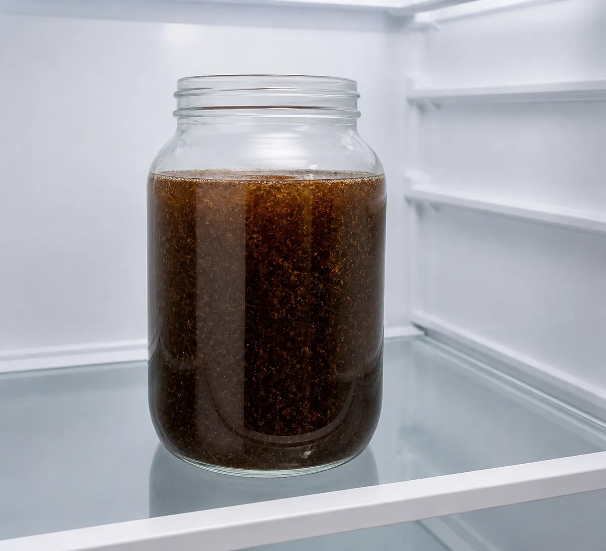 A large glass jar of coffee grounds steeping in cold water on a fridge shelf, the liquid deep brown and the grounds suspended
