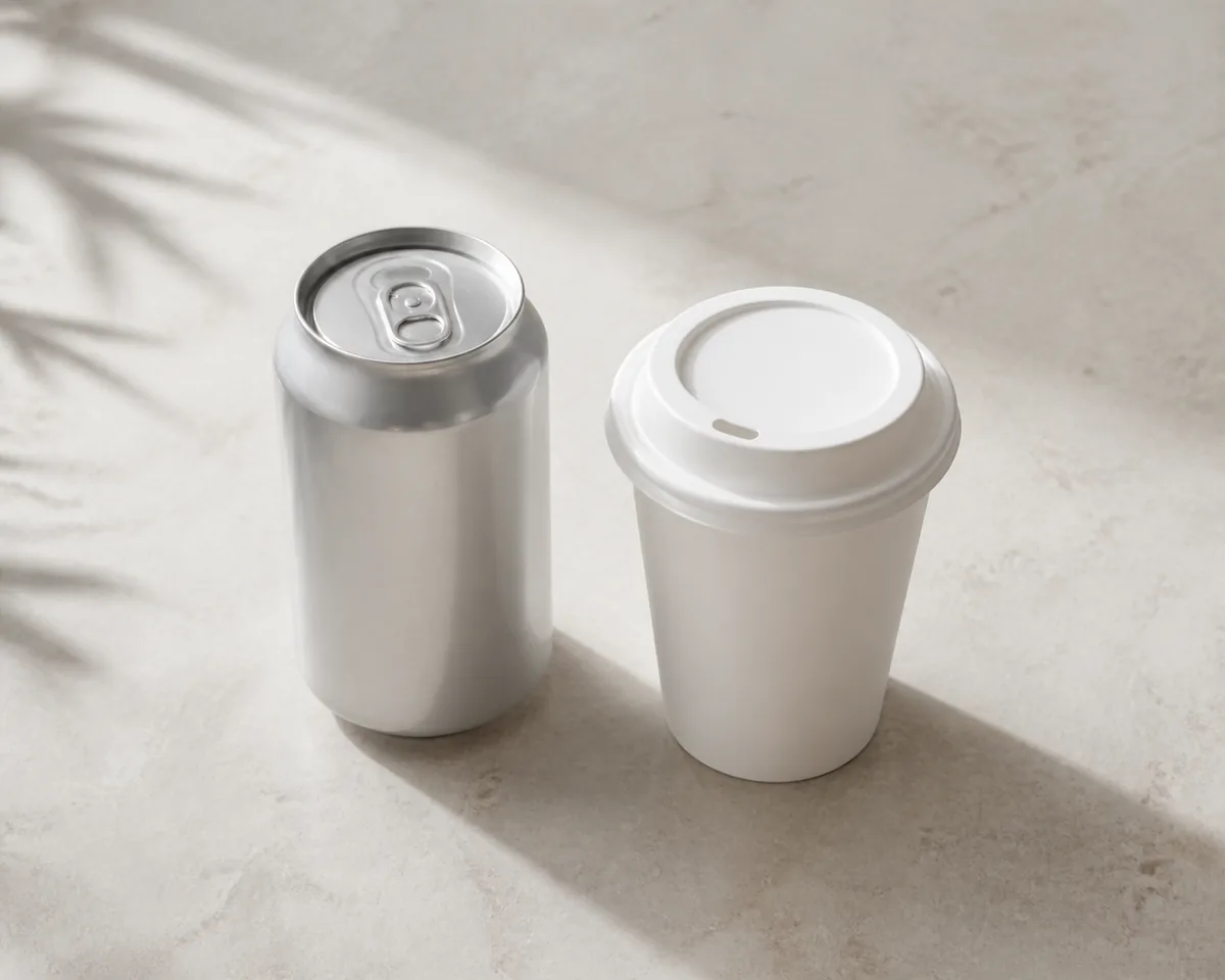 A plain unlabelled can and a paper coffee cup side by side on a pale counter, shot from above at an angle