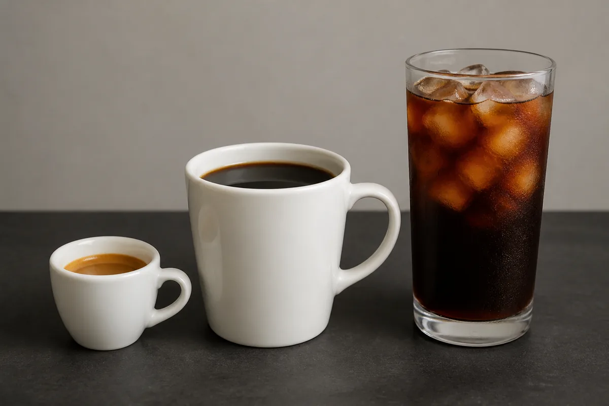 A single espresso in a small cup beside a full mug of filter coffee and a tall glass of cold brew, all on one dark surface, the size difference obvious