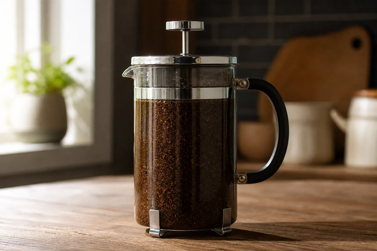 A glass French press full of coffee and water with the grounds fully saturated and suspended before plunging