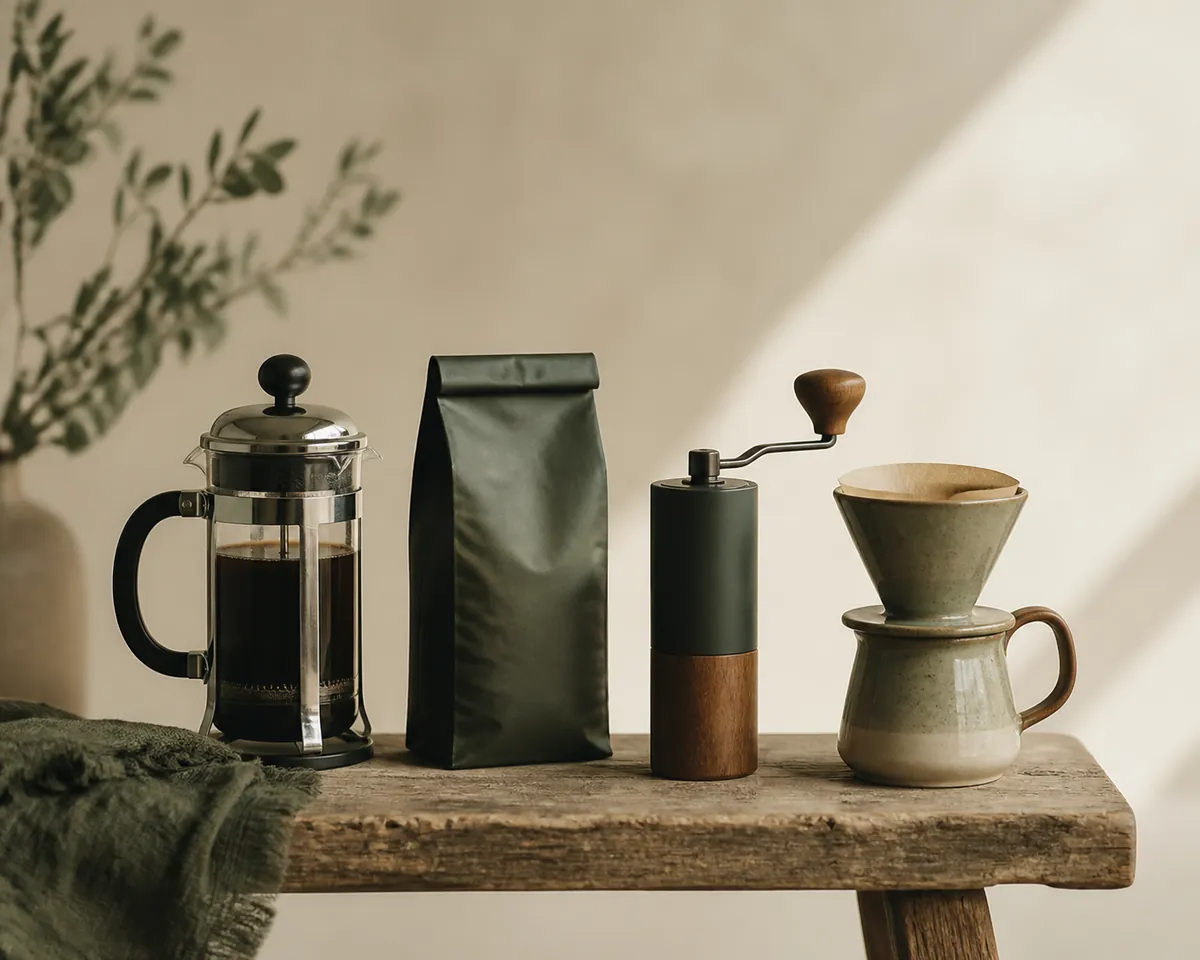 A French press and a pour-over cone flanking a bag of beans and a hand grinder