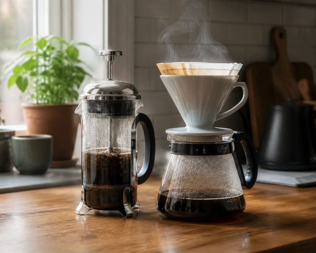 A French press and a pour-over dripper on a carafe standing side by side on one wooden counter, both mid-brew