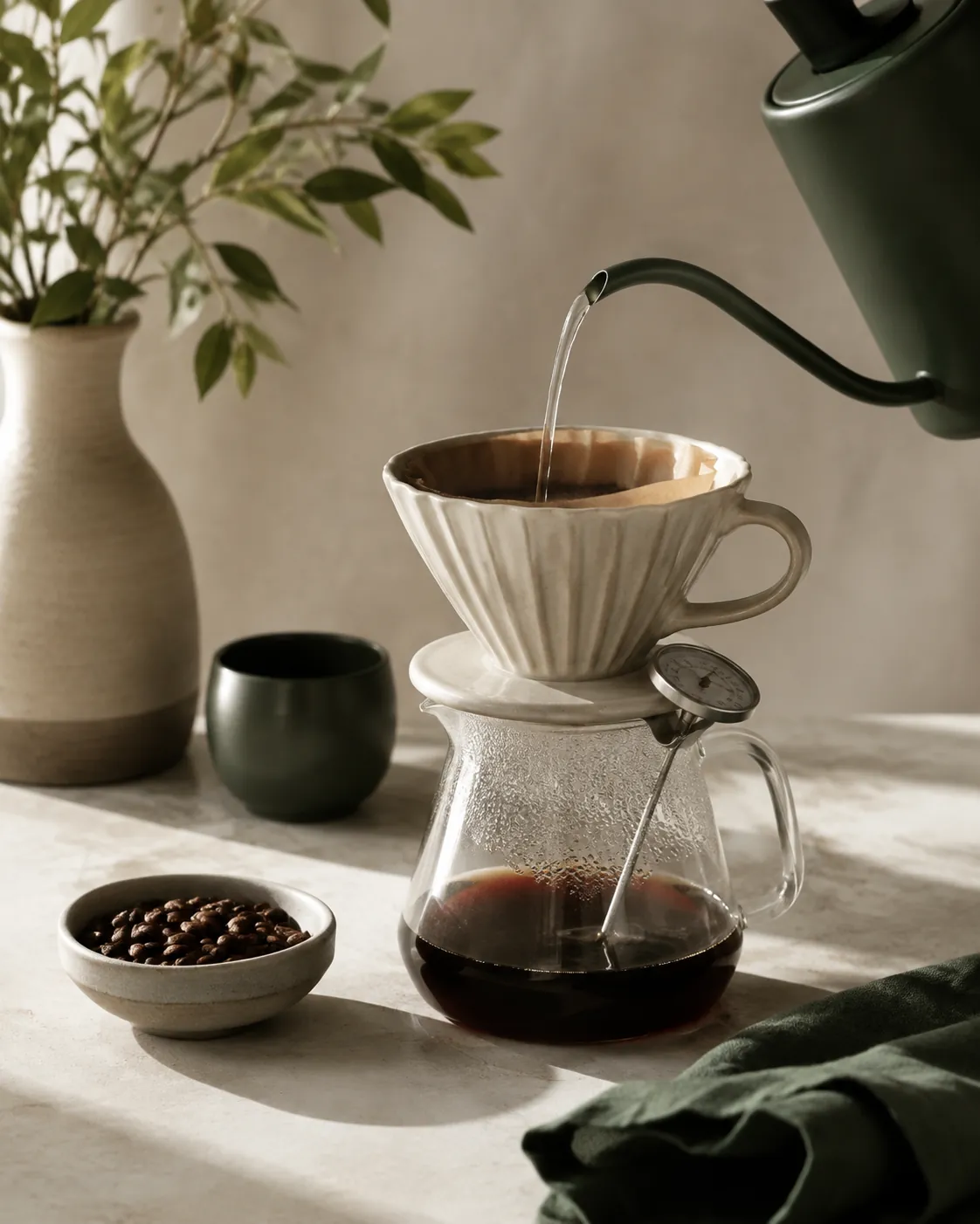 A gooseneck kettle pouring a thin stream into a cone with a thermometer clipped to the rim