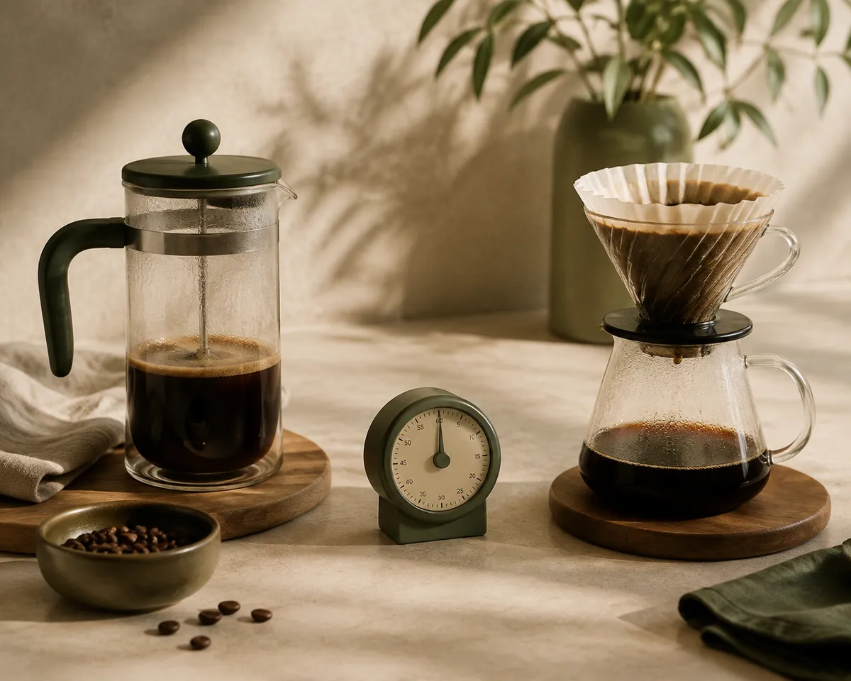 A small analogue timer standing between a French press and a pour-over cone, both mid-brew
