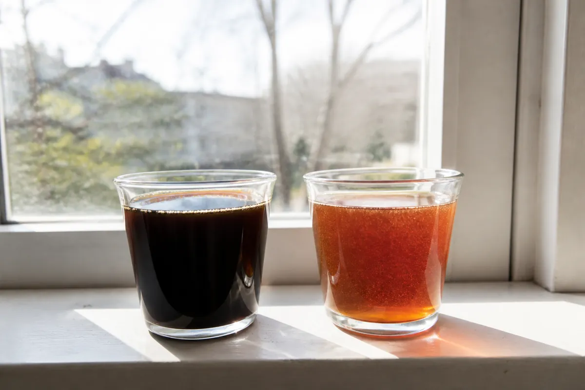 Two glass cups of black coffee standing on a windowsill against bright daylight, one visibly cloudy with fine particles and one clear