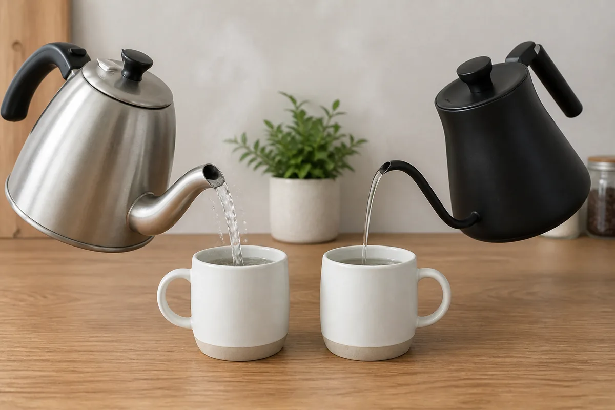 Two kettles side by side pouring into identical cups, one a wide-spouted standard kettle splashing and one a gooseneck with a narrow steady stream