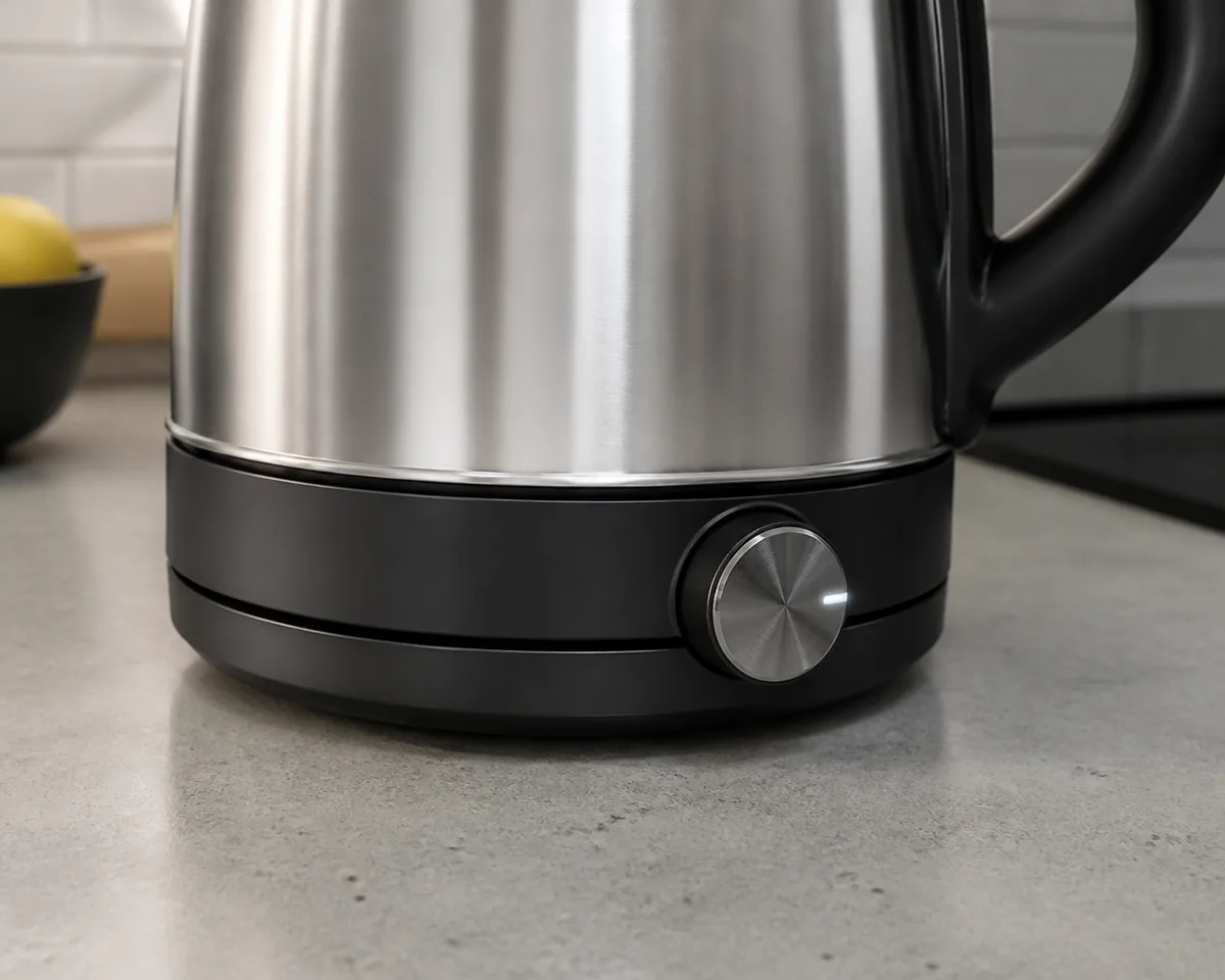The base and control dial of a variable-temperature electric kettle on a kitchen counter