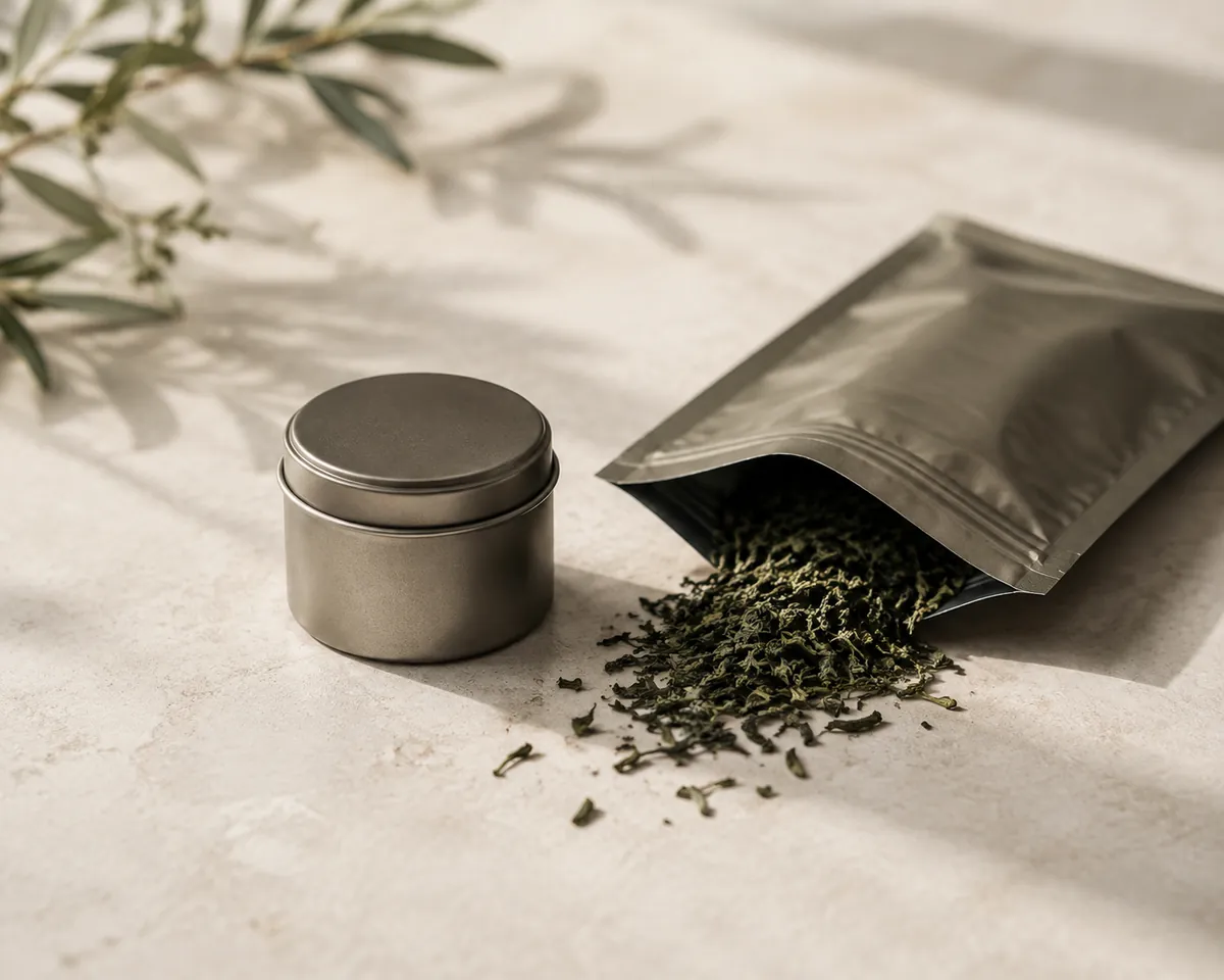 A small sealed tin of matcha beside a resealable packet of loose green tea leaf