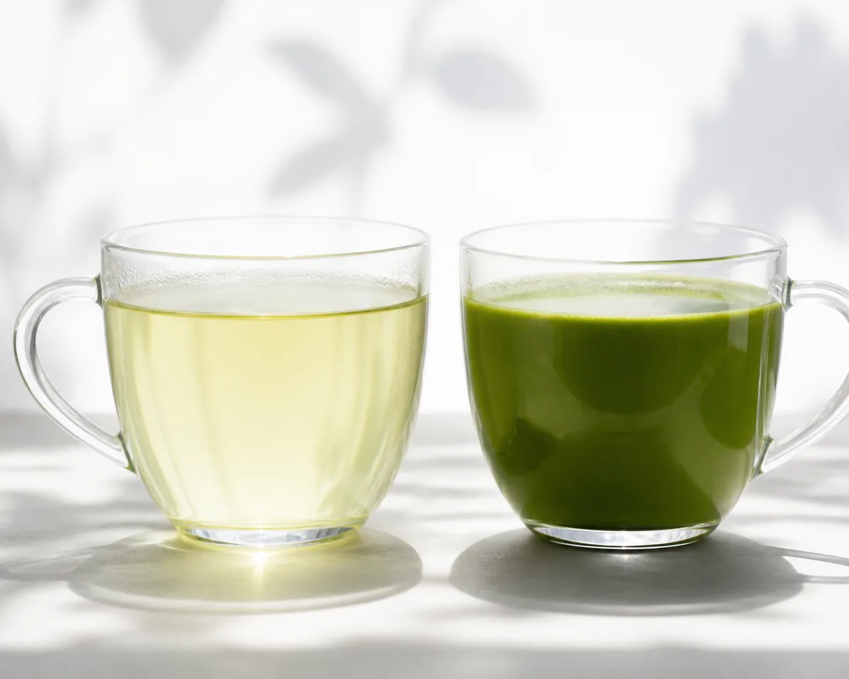 Two glass cups side by side: one pale clear steeped green tea, one opaque vivid green matcha