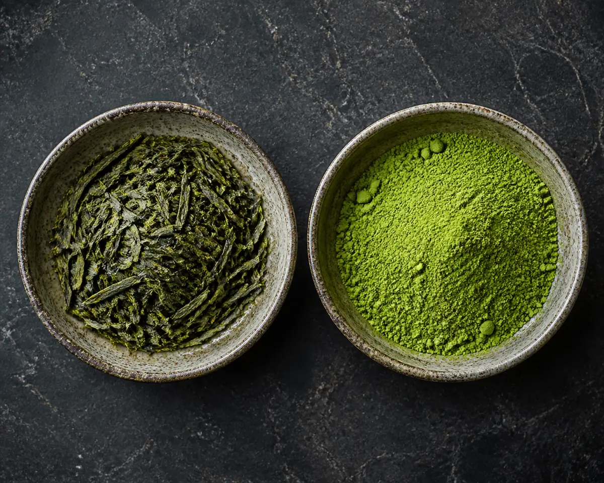 Loose green tea leaf in one dish and bright matcha powder in another, side by side on dark stone
