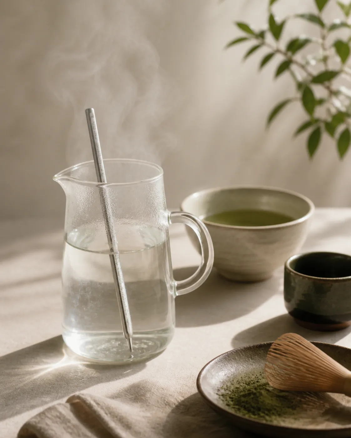 A thermometer standing in a glass jug of cooling water with a tea bowl and a cup waiting behind it