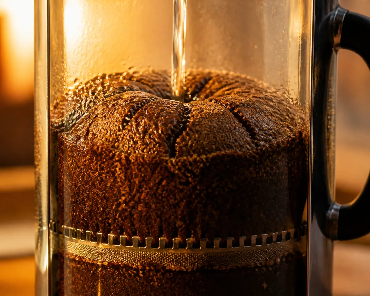 Freshly poured water blooming over coarse coffee grounds in a glass French press, the crust rising and cracking
