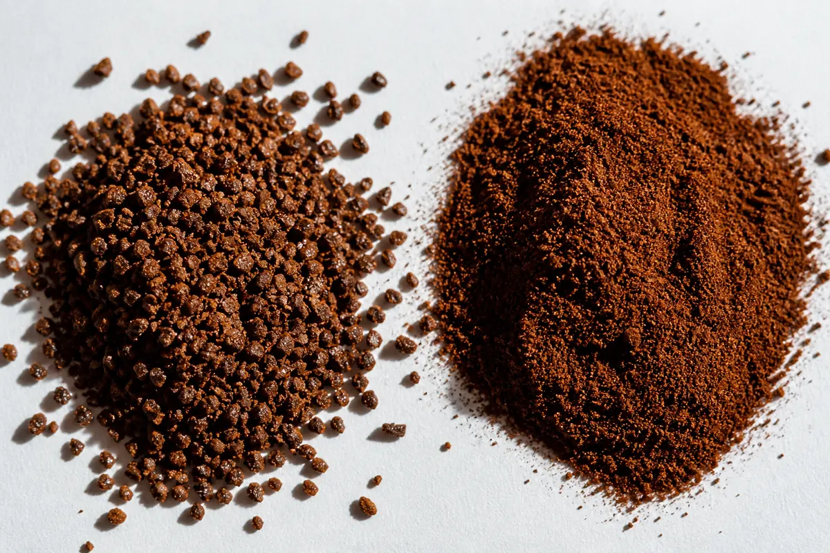 Two small piles of ground coffee on white paper, one coarse and even like sea salt and one fine and powdery