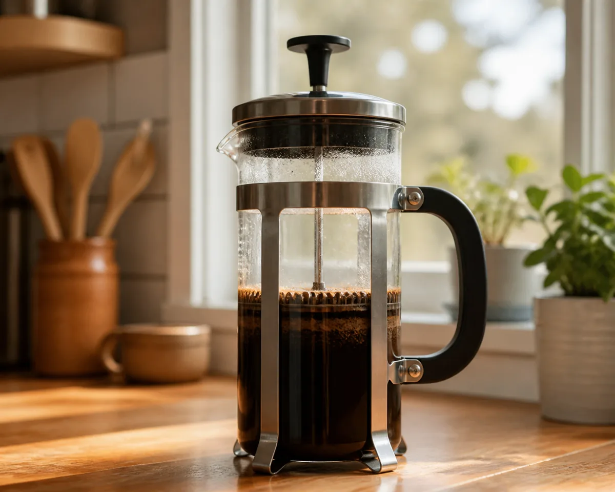 A French press mid-plunge on a wooden counter, the plunger partly down and the liquid darkening below the mesh