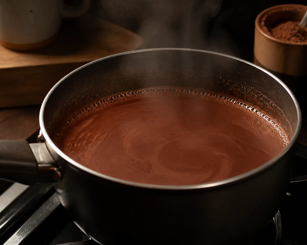 A saucepan of hot cocoa at a bare simmer with small bubbles at the edge only, steam rising