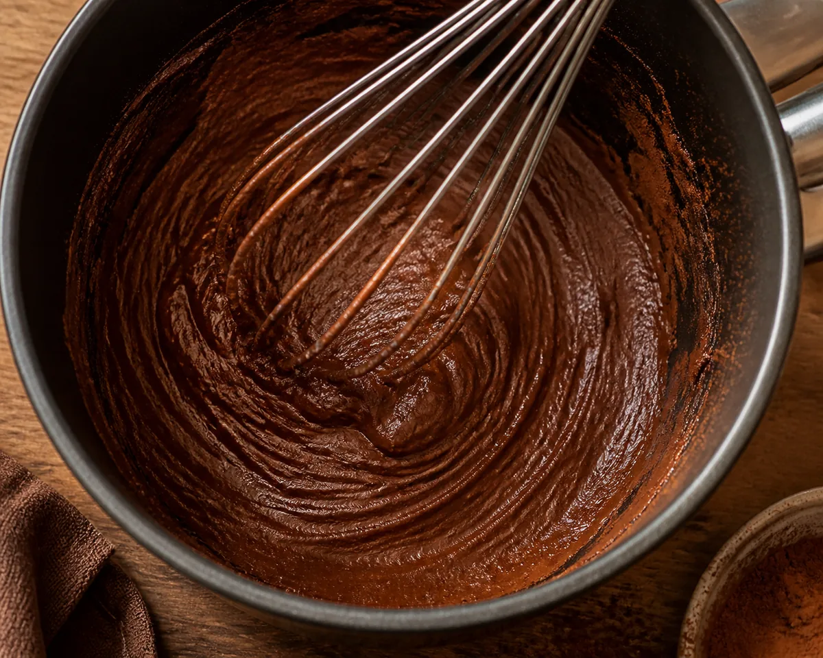Cocoa powder being stirred into a small amount of milk in a saucepan to form a smooth dark paste, whisk in the pan